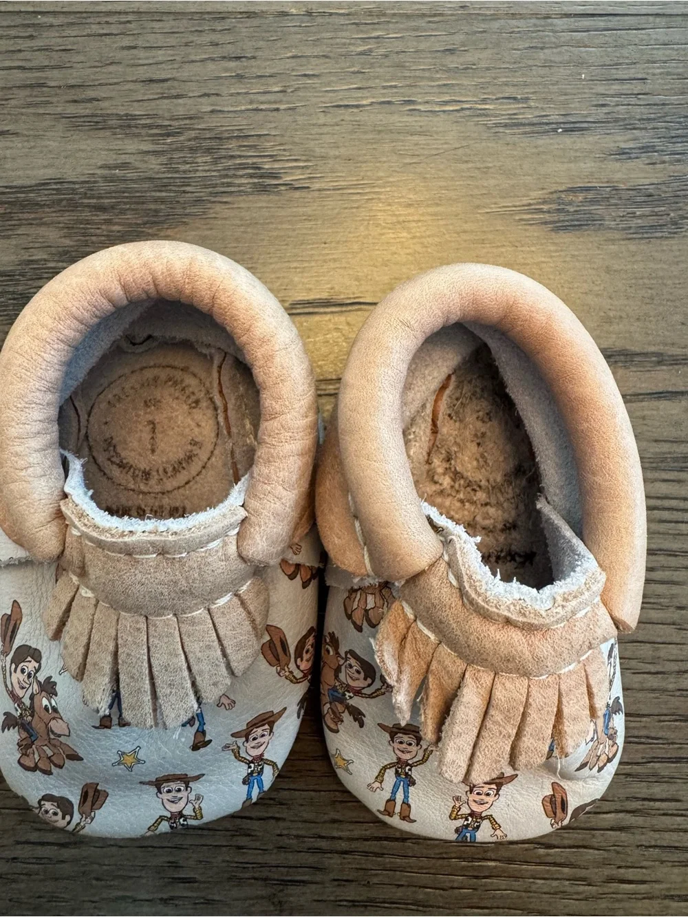 Freshly Picked Tan Moccasins with Cowboy Toy Story Print